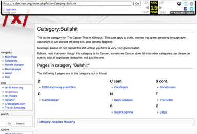 Screenshot of a (currently non-functioning) archive of the "bullshit" category on /x/enopedia featuring Cameraheads.