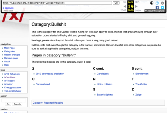 Screenshot of an archive of the "bullshit" category on /x/enopedia featuring Cameraheads.