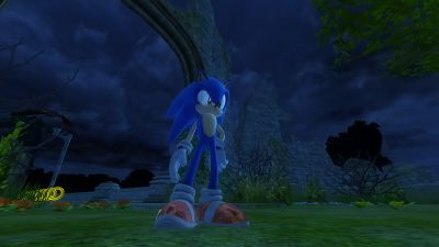 Sonic standing in the stage's opening area but at night.