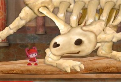 A screenshot of the pilot with Millie and the dinosaur skeleton.
