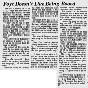 The Evening News reporting on Foyt winning the pole position and the negative fan reception towards him.