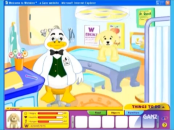 A screenshot showing Dr. Quack's Office (same as final), with a beta GUI showing an early or rough 3D Cocker Spaniel, appears to be an earlier model than the one on the tags.