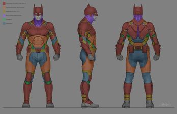 Concept art showing the material breakdown of the Batsuit by Keith Christensen