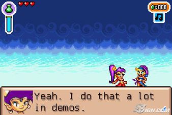 Shantae talking to Sky and breaking the fourth wall.