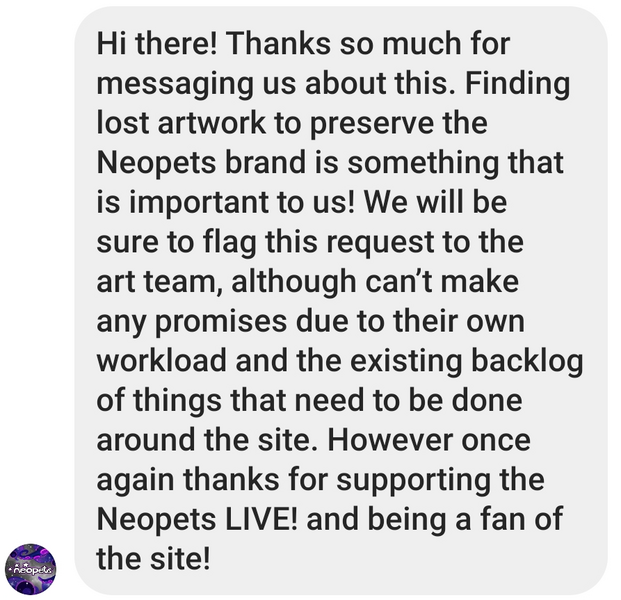 The Neopets Instagram account's response via direct messages about the search for the missing images.