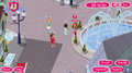 Screenshot of the in-game shopping area, Shopping Square, showing the area's guide, Isabel.