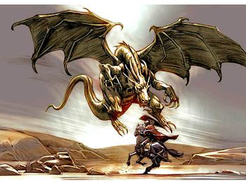 Prince Lir battling a dragon.