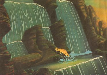 Littlefoot running up a waterfall so he can lead his friends to the Great Valley.