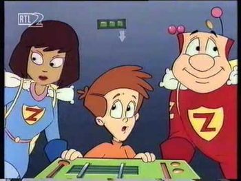 Screencap from an episode, with PJ on the left and Captain Zed on the right. Note PJ's redesign that seems to be exclusive to a season.