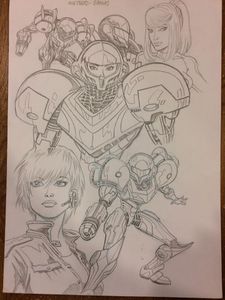 Concept art of Samus by Steven Butler. It depicts her in her military uniform, Zero Suit, and Varia Suit from both Metroid: Other M and the Metroid Prime series.