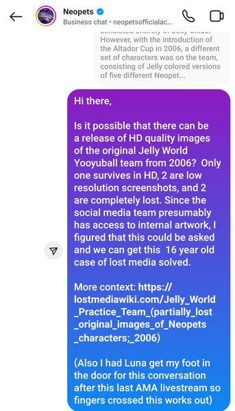 ProblematicPeriwinklePlum's original Instagram message to the Neopets Instagram account about the Jelly World Practice Team.