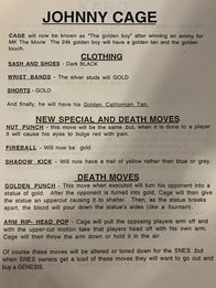 Page describing the changes done to the character Johnny Cage, as an example to the revision done to the other characters in the game overall.
