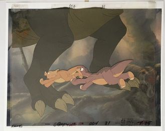 Littlefoot, and Cera run for cover. (The cel's background shown here is inaccurate and was taken from a different scene)