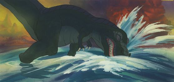 This color key shows what happens next; after landing, Sharptooth would continue to slam into the rocks, trying to knock Petrie off of his ledge. In the final film, he only charges into the rocks once, knocking Petrie off right away.