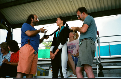 Stylists preparing for filming of Mary, the "Indian Princess", whale trainer at the Seaquarium.