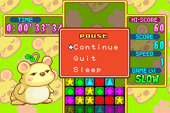 Most of Panel de Pon 2003's design recreated in Panel de Pon 2005 / Puzzle League GBA, with an English pause menu.