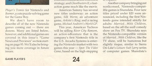 A Snippet from the March 1990 issue of Game Player's magazine talking about Married... With Children for NES.