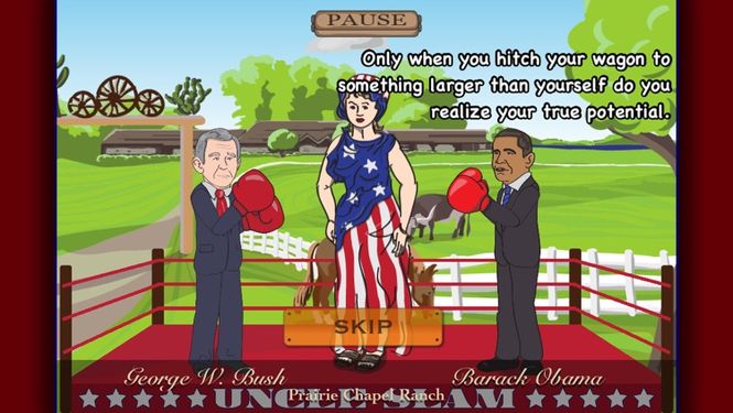 The opening scene of a fight. Each president takes a turn listing off an iconic quote of theirs, while Columbia, the personification of America, stands in the ring. This fight includes George W. Bush going against Barack Obama at Bush's Prairie Chapel Ranch.