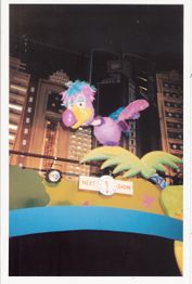 A picture of the Bird Announcer puppet on the stage.