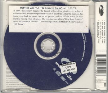 The back of the "All The Money's Gone" single, with a promotional use only sticker and the note which seems to confirm the existence of a lot of songs never released.