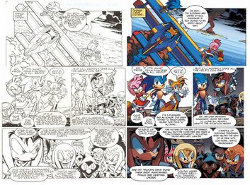 Examples of re-written dialogue in Sonic the Hedgehog #243. All references to Albion, Knuckles' Ancestors, and Enerjak were removed.