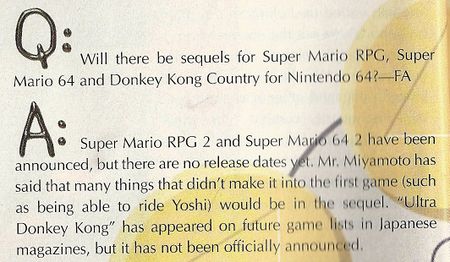 A screenshot of Nintendo Power issue 104, where a reader asks a question about sequels to Super Mario RPG, Super Mario 64, and Donkey Kong Country for the Nintendo 64.