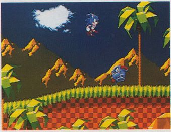 Sonic in midair with his running sprite. It is unclear whether Sonic is jumping or was hit by the enemy, since in the final game, Sonic always goes into a ball when jumping (except in certain spots due to a bug)[4] and has a unique sprite for when he takes damage.